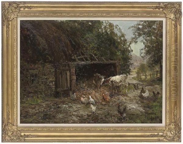 Calves And Chickens In A Farmyard - view 1