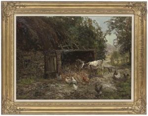 Calves And Chickens In A Farmyard