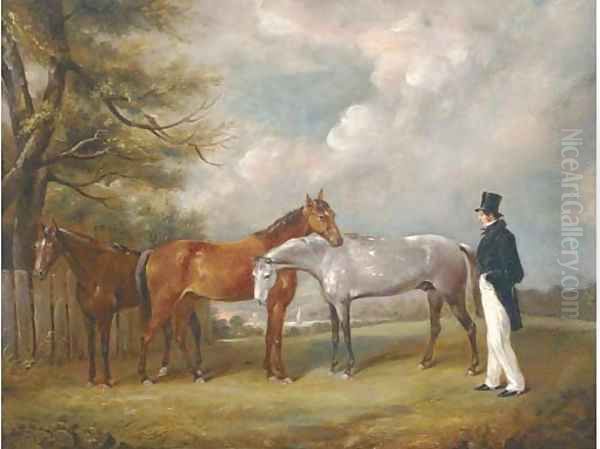 A gentleman with three horses under a tree - view 1