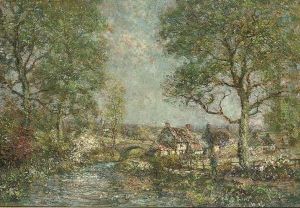 A Figure On A River Bank, Cottages And A Bridge Beyond
