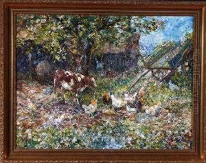 An Impressionistic Farmyard Scene With A Cart By A Pool Andchickens And A Calf Nearby