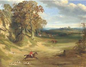 A hunting scene, in a wooded landscape by English School
