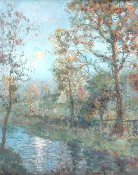 Sunset, With Cottage And River. Signed. Oil, Paper Laid On Board.24 X 19ins - view 1