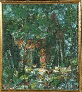 An Impressionistic Farmyard Scene With Poultry By A Barn - Gouache