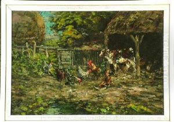 A Calf And Poultry In A Farmyard - view 1