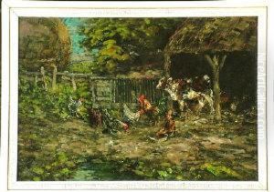 A Calf And Poultry In A Farmyard by John Falconar Slater