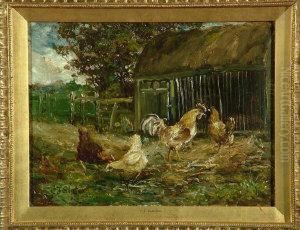 A Cockerel And Three Hens By A Chicken Coup by John Falconar Slater