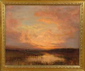 Cattle At A Marshland Pool Below A Setting Sun