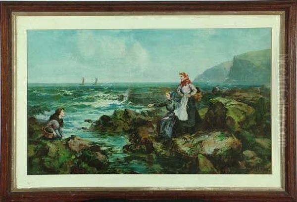 19in. X 32in. Cullercoats Fishergirls On The Shore-chromolithograph Signed On The Plate - view 1