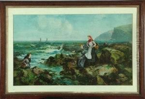 "cullercoats Fishergirls On The Shore" - Chromolithograph by John Falconar Slater