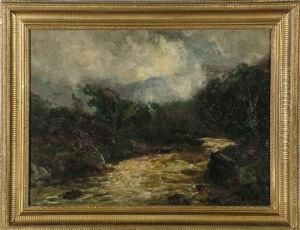A Northumbrian River With Mist Coming Down Over The Hills In The Distance by John Falconar Slater