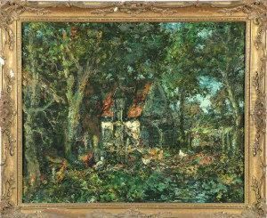 An Impressionistic Farmyard In Summer With Poultry And A Woman By A Gate