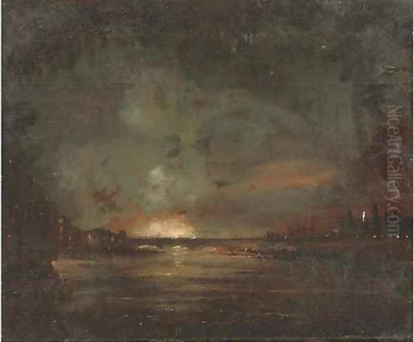 A river landscape at night, thought to be the Thames, with a fire beyond - view 1