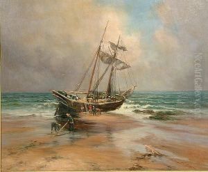 A Boat And Figures Upon A Shore by John Falconar Slater
