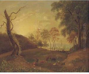 Cattle in an extensive landscape with a church in the distance by English School