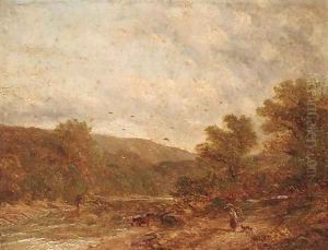Cattle watering in a wooded landscape; and Figures on a wooded track by English School