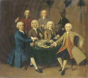 Gentlemen drinking and smoking pipes round a table in an interior, a servant bearing a bowl of punch by English School