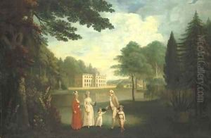 Group portrait of a gentleman with two ladies and two children by English School