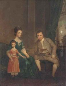 Group portrait of husband and wife, seated full-length, with their daughter, in an interior