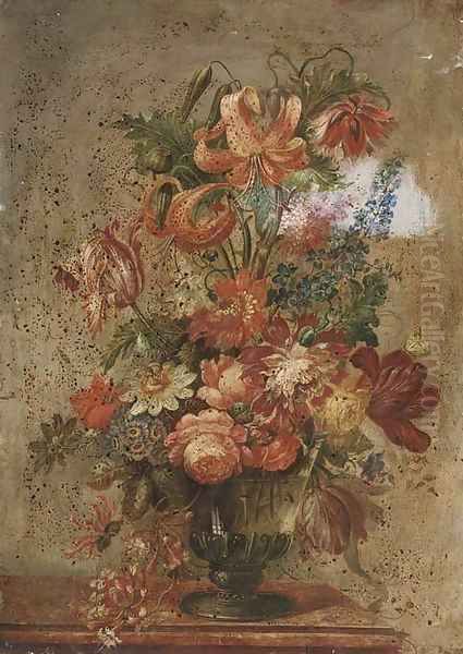 Poppies, roses, passion-flowers, irises, honey-suckle, tulips and lilies in a glass vase - view 1