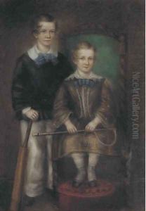 Portrait of a boy, with a cricket bat, standing by his sister, holding a riding whip by English School