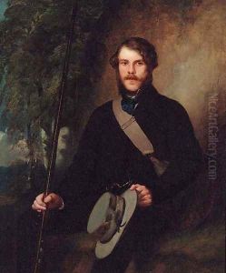Portrait of a Gentleman, three-quarter-length, in a brown suit, holding a hat and gun, seated by a tree
