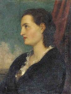 Portrait of a lady, bust-length, in profile to the left, wearing a black coat with white ruffed collar