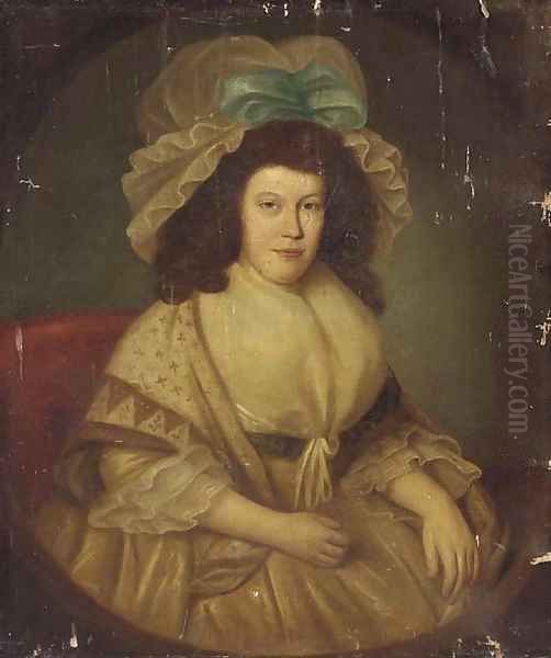 Portrait of a lady, seated three-quarter-length, in a white dress and mop hat with a blue ribbon - view 1