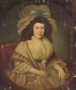 Portrait of a lady, seated three-quarter-length, in a white dress and mop hat with a blue ribbon by English School