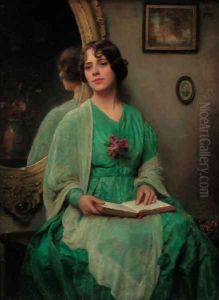 Portrait of a lady, three-quarter-length, in a green dress by English School