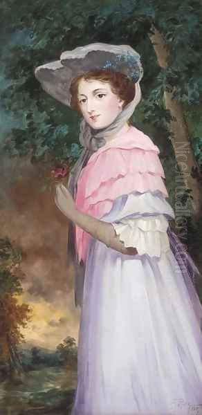 Portrait of a lady, three-quarter-length, in a mauve and pink dress, holding a rose in her left hand - view 1