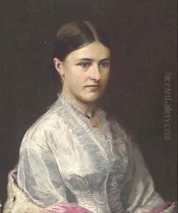 Portrait of a woman, half-length, wearing a white dress and pink shawl