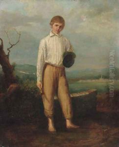 Portrait of a young boy, small full-length, in a white shirt, holding a trumpet and cap, in a landscape by English School
