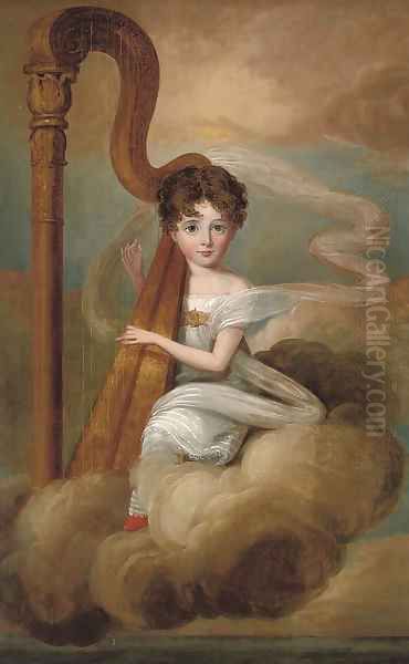 Portrait of a young girl, full-length, in a white dress, playing the harp, seated on a cloud - view 1