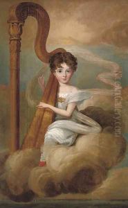 Portrait of a young girl, full-length, in a white dress, playing the harp, seated on a cloud Portrait of a young girl, full-length, in a white dress, playing the harp, seated on a cloud