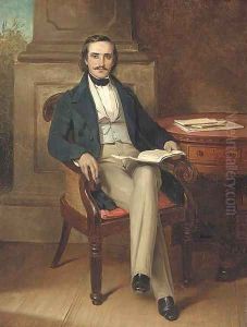 Portrait of gentleman, seated full-length, in a black coat, holding a book, by a table