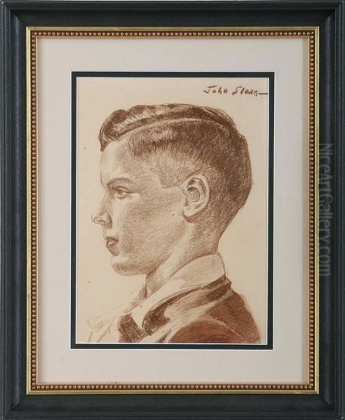 Portrait Of A Young Boy In Profile, Red Crayon On Paper, Signed U/r - view 1