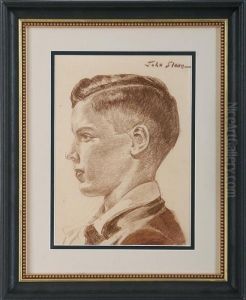 Portrait Of A Young Boy In Profile, Red Crayon On Paper, Signed U/r by John Sloan
