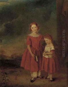 Portrait of two young girls, full length, standing in a landscape
