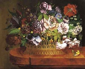 Roses, peonies, a poppy and other summer flowers in a wicker basket on a ledge