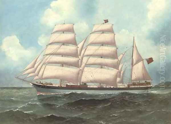 The three-masted barque Anglo-Norman under full sail in coastal waters - view 1