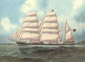 The three-masted barque Anglo-Norman under full sail in coastal waters by English School