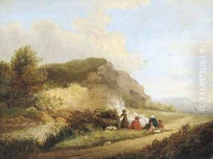 Travellers warming themselves at the wayside