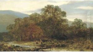 Two children playing in a river landscape by English School