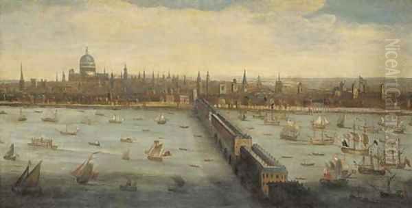 View of the River Thames and the City of London taken from the South Bank at Southwark, with old London Bridge, and the Pool of London - view 1