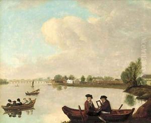 William Seguier and Mr W. Battean in a boat in a river landscape by English School