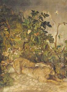 A hare resting by some foliage by English School