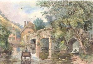 A horse and trap crossing the ford by English School