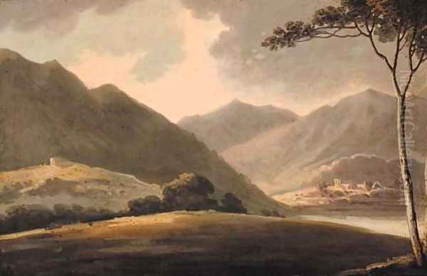 A mountainous lake landscape with a church beyond - view 1