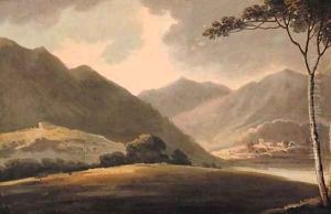 A mountainous lake landscape with a church beyond by English School